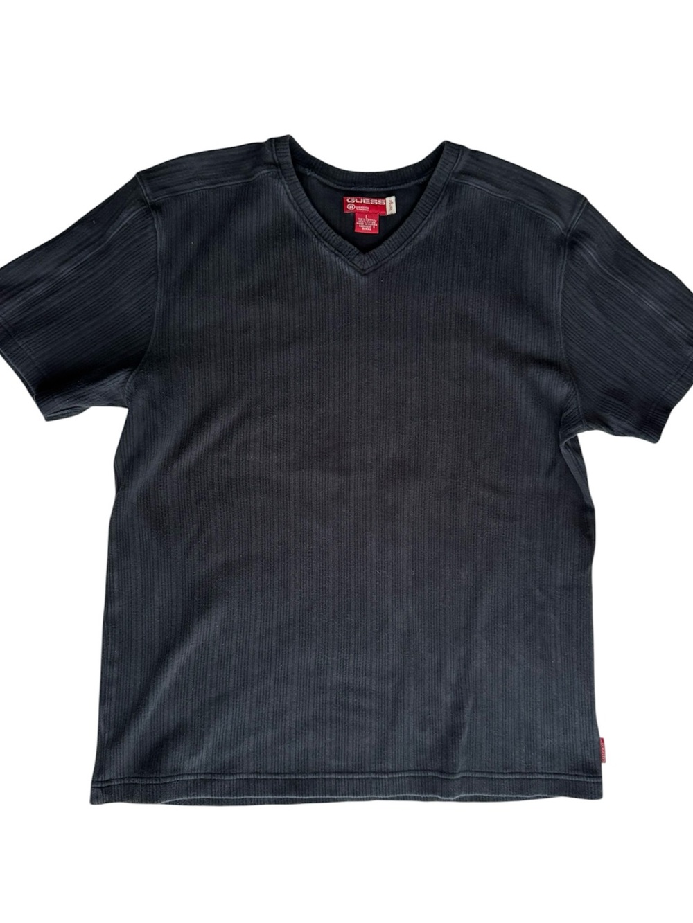 Vintage Guess Mens Black Ribbed V-Neck T-Shirt Large Y2K